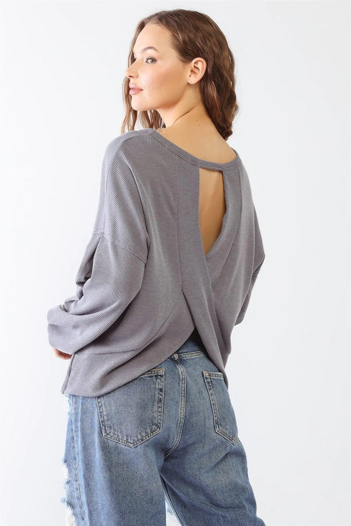 Waffle Knit Long Sleeve Back Wrap Cut-Out Top