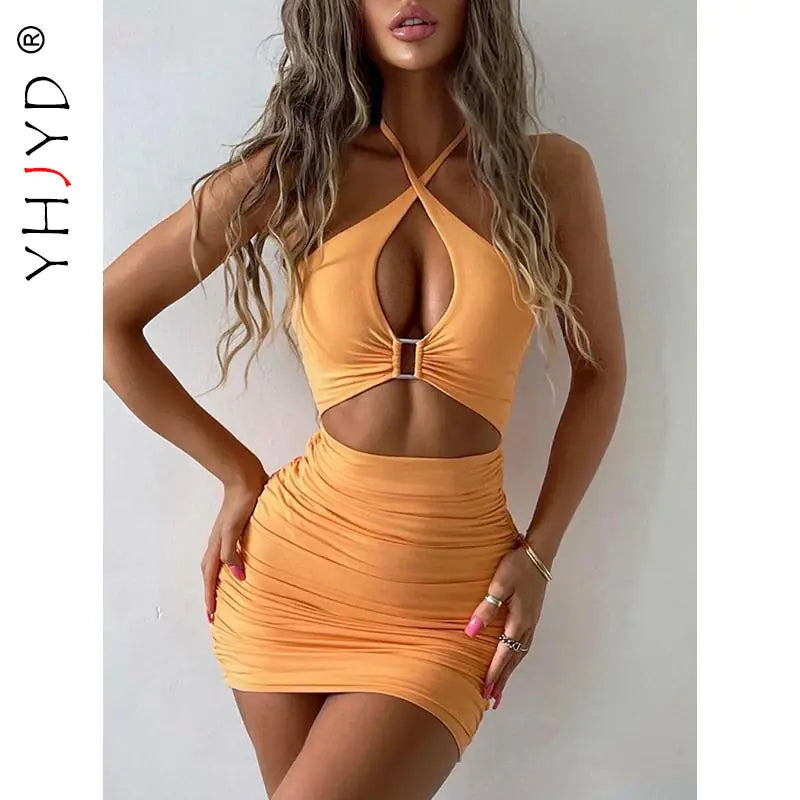 Summer Solid Backless Cut Out Women's Ruched Cross Halter Short Mini Dress