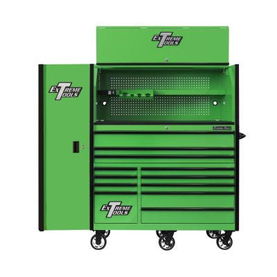 Extreme Tools RX Series 55in W x 25in D Professional Extreme Power Workstation Hutch, 12-Drawer Roller Cabinet-150 lbs Slides and 19in 3-Drawer Side Locker Combo, Green w Black Dr Pulls