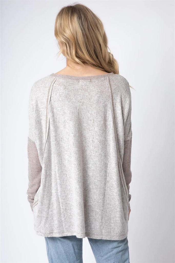 Taupe Long Sleeve Round Neck Two Pocket Side Top