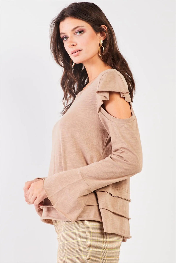 Taupe Cut-Out Shoulder Bell Sleeve Raw Edge Detail Layered Hem Top /2-2-2