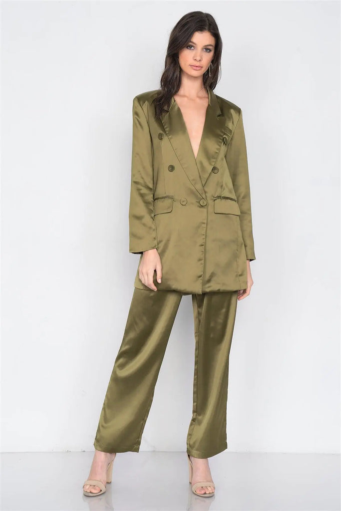 Olive Silk Boyfriend Blazer & Chic High-Waist Pleated Ankle Pant Set